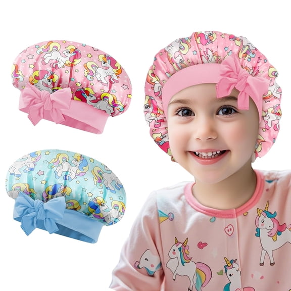 Double2cm Kids Sleeping Bonnets- 2 Pcs Cute Unicorn Baby Bonnet for Sleeping Silk Satin, Head Wrap Sleep Night Cap for Girl Toddler Curly Hair with Elastic Tie, Adjustable, Soft(Purple Rose)