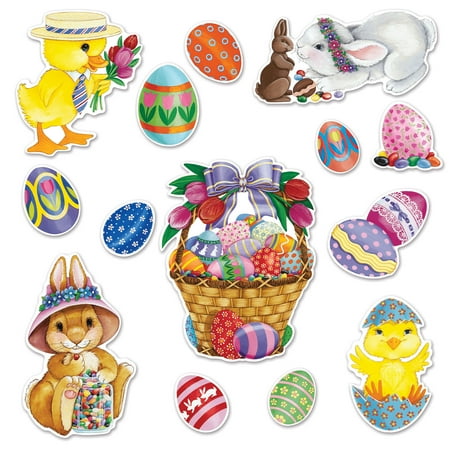 Club Pack Of 168 Colored Egg Basket And Friends Easter Cutouts