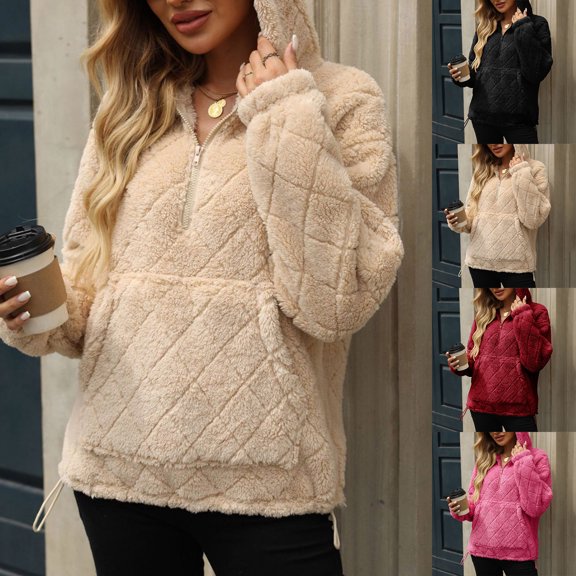jtjvou Ladies Fluffy Sweater Warm Loose Long Sleeve Hoodies Half Zip Sweatshirts Winter Knitted Soft Sweater Tops Beige L