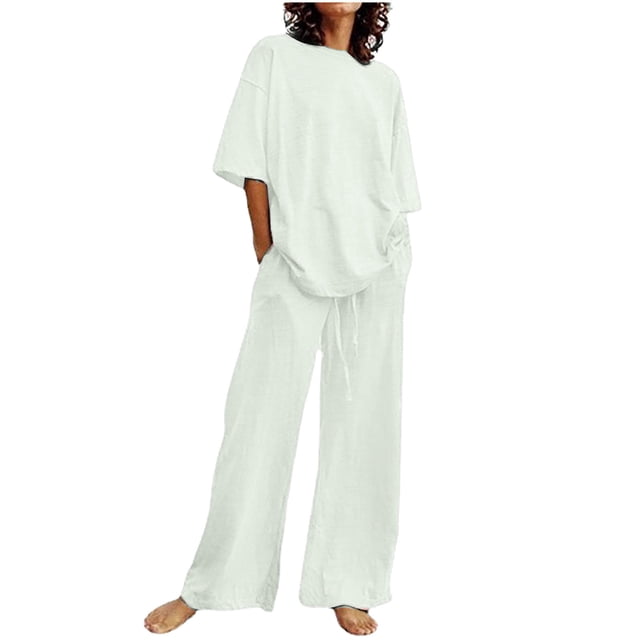 Pisexur Ensemble 2 Pcs pour Femme en Coton et Lin pour Femmes, Chandail à Manches Courtes avec Cordon, Pantalon Long, Survêtement, Ensemble Jogger, Pantalon Uni, Tenue Décontractée Deux Pièces