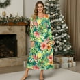 thumbnail image 4 of SEANATIVE Women's Cozy House Dress Long Sleeve Pajama Dress Soft Button Front Full-Length Nightgown, Sleep Shirt for Bedroom and Casual Lounge, S, Tropical Leaf Hibiscus Flower, 4 of 7
