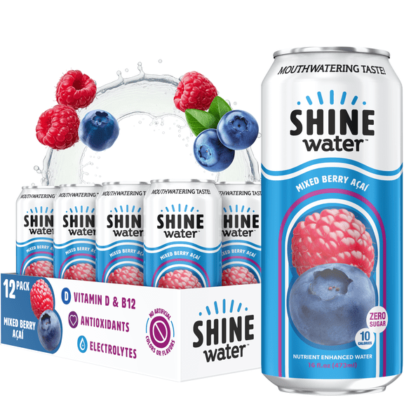 Shine Water Mixed Berry Acai Vitamin D Electrolyte Drink | Zero Sugar Hydration Beverage with Magnesium, Zinc & Antioxidants | Low Calorie Plant-Based Vitamin Water | 12 Pack
