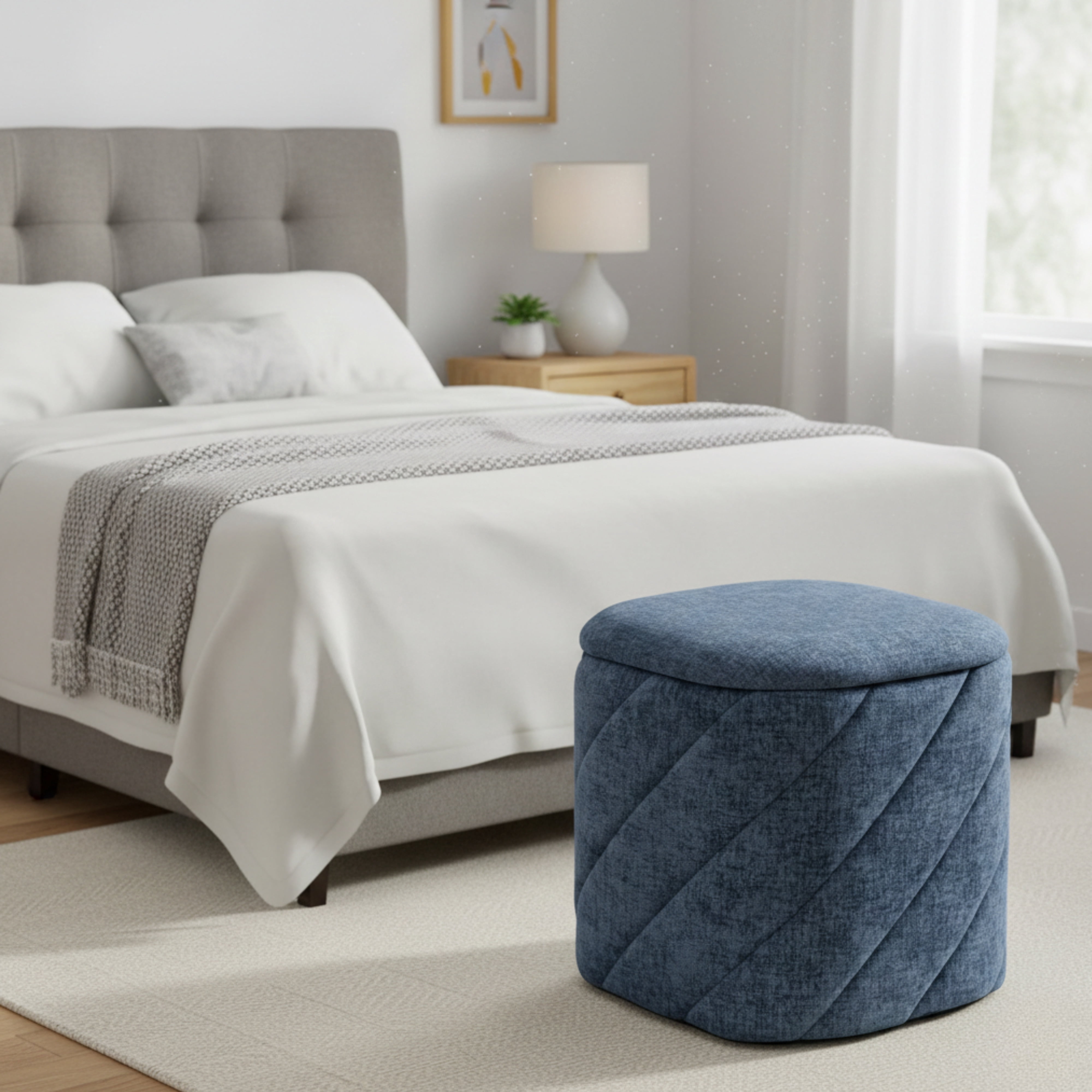 Aria Home Modern Tufted Cube Ottoman with Storage, Upholstered Footrest 15" Stool, Blue