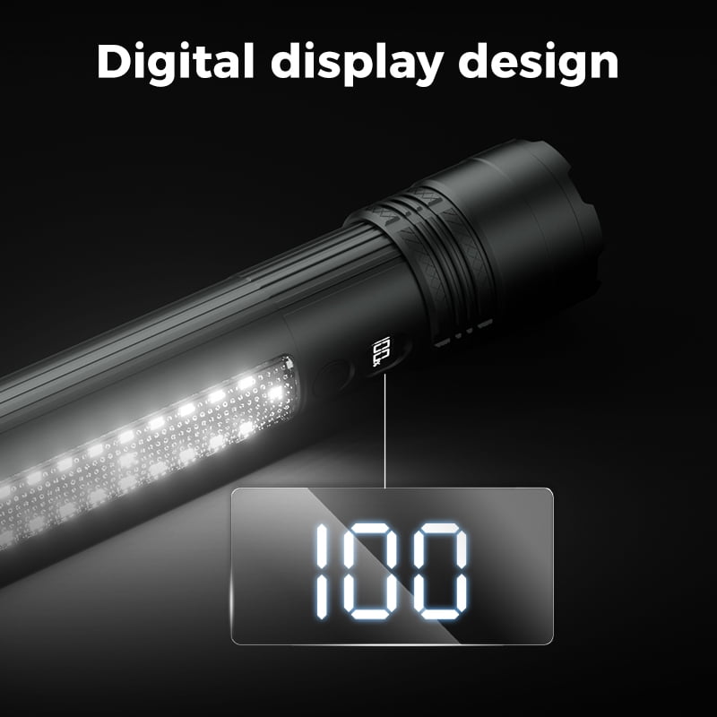 SKYFIRE Dual-Light Source Flashlight with Side Light, 7500mAh Power Bank Function, Type-C Charging, Zoomable, Digital Display, 6-Level Dimming, Outdoor Emergency Warning Light