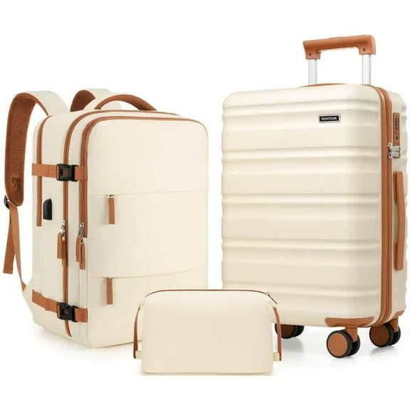 ROMTOUR 20" 3-Piece Hard Shell Suitcase Set, Cream