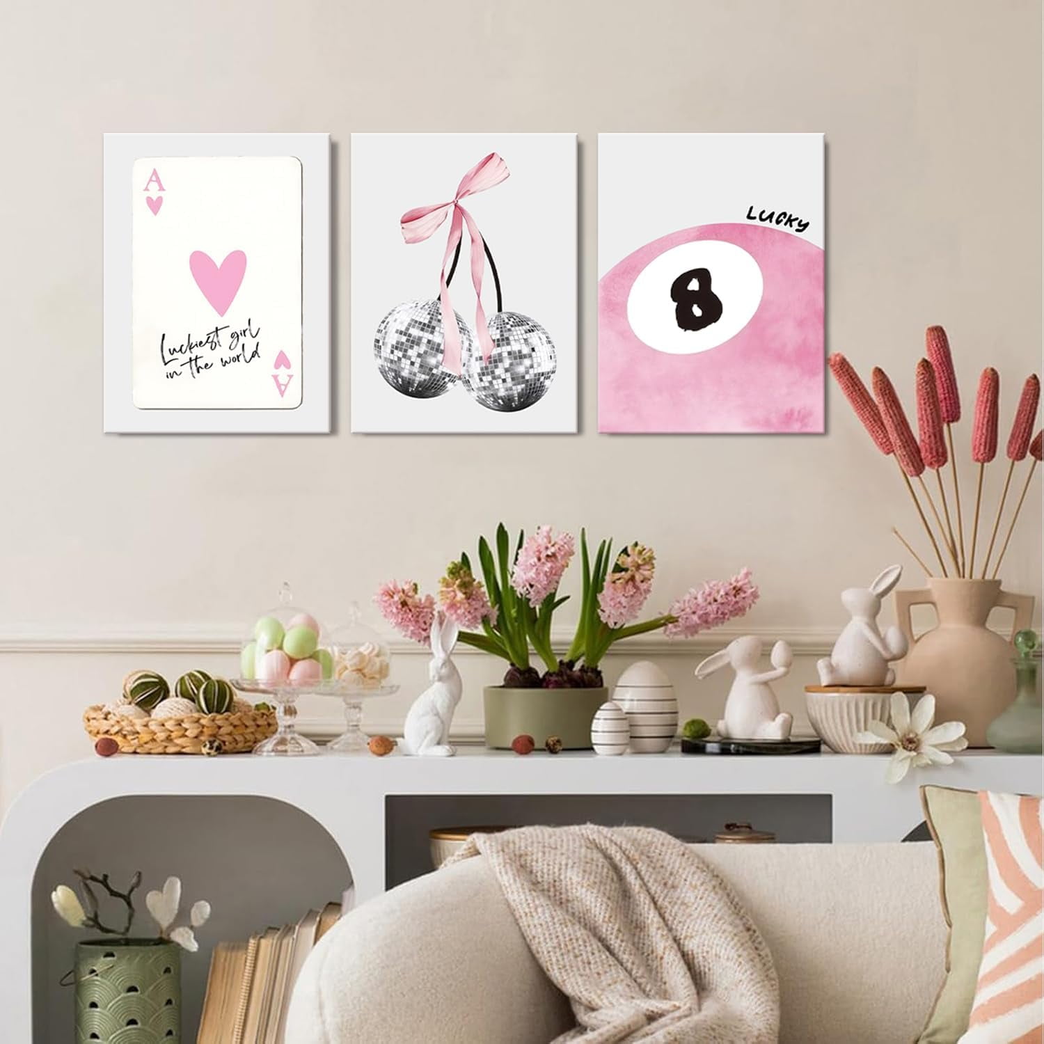 JBZZD Pink Coquette Canvas Wall Art Set of 3 Trendy Preppy Disco 8 Ball Cherry Wall Decor Posters Room Decor Prints Pictures for College Apartment Girls Bedroom Living Room Framed 12x16In