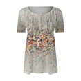 thumbnail image 4 of Beige Tshirts for Women Summer Tops for Women 2025 Trendy Boho Floral Print Tunic Shirts Short Sleeve V Neck Tshirt Casual Loose Blouse Going Out Tops for Women, 4 of 5