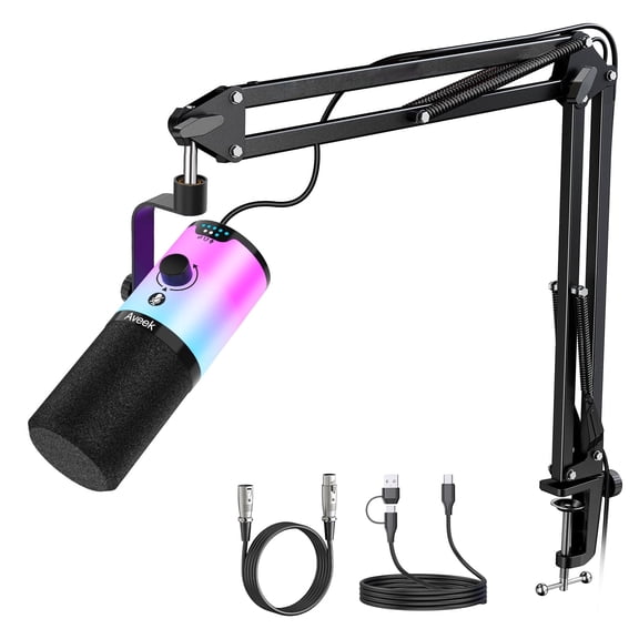 Aveek RGB USB Gaming Microphone Set with Adjustable Boom Arm, Dynamic Podcast Mic with Mute Gain Control & Headphone Jack for Streaming Recording