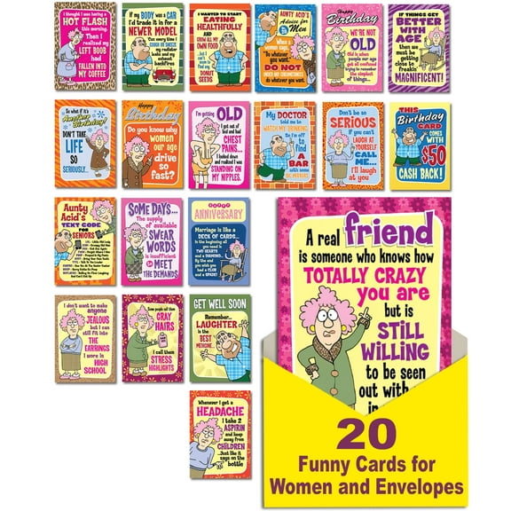 Leanin' Tree, Aunty Acid, Greeting Cards Assortment Box, Assorted Cards with Envelopes All Occasion, Box of Cards (20 Funny Cards, 22 Cute Envelopes)