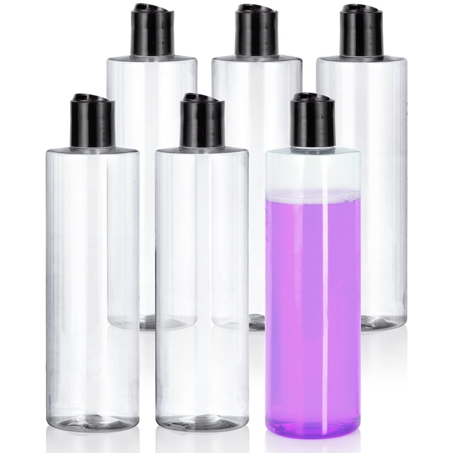 JUVITUS 8 oz Clear Cylinder Plastic PET Bottles with White Disc Cap (6 pack)