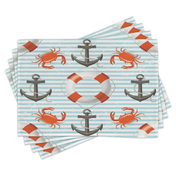 Nautical Placemats Set of 4 Life Rings Anchor And Ropes Ocean Crabs