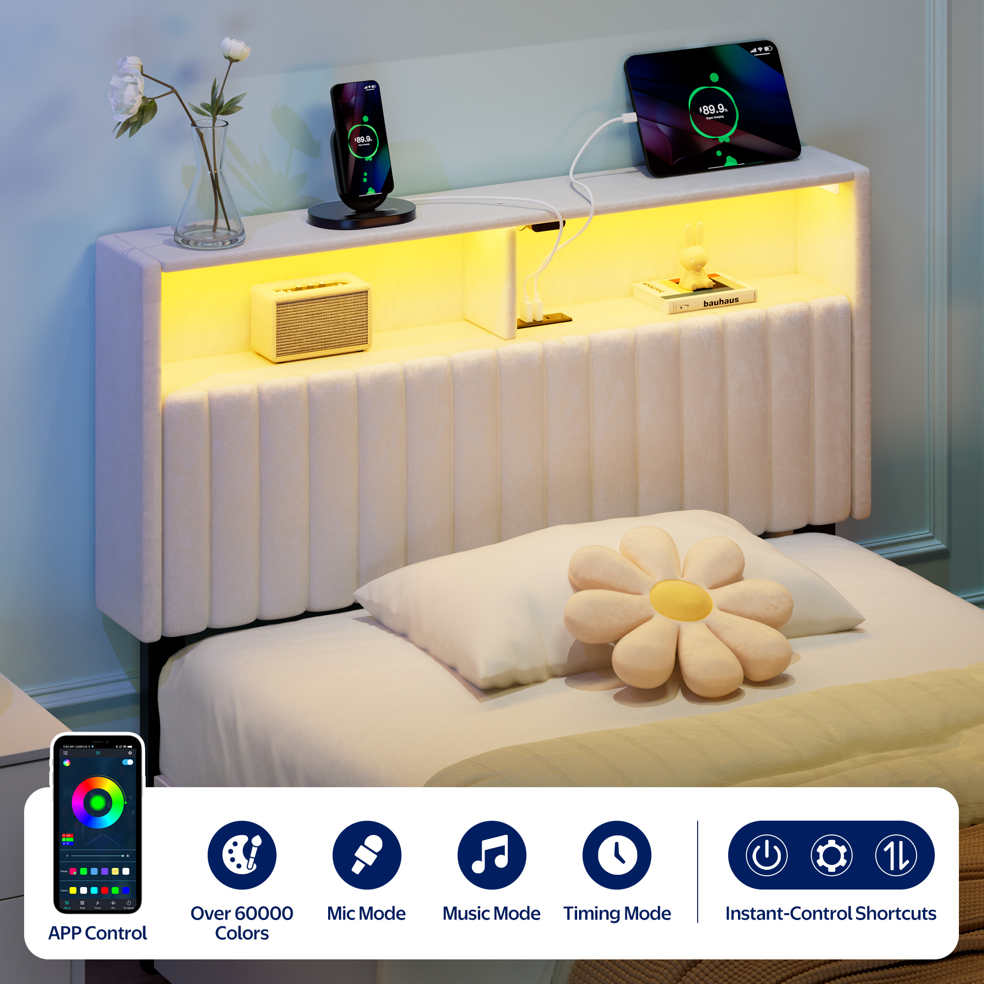Greenstell Twin Size Adjustable Storage Headboard Only - Modern Upholstered Head Board with LED Lights, Charging Station & Soft Padding, White