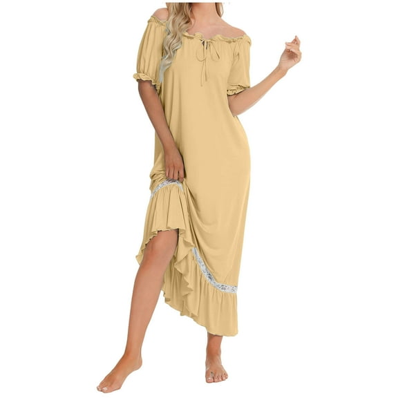Nightgown for Women Solid Color Short Sleeve Comfort Sleep Dress Loungewear Yellow XL