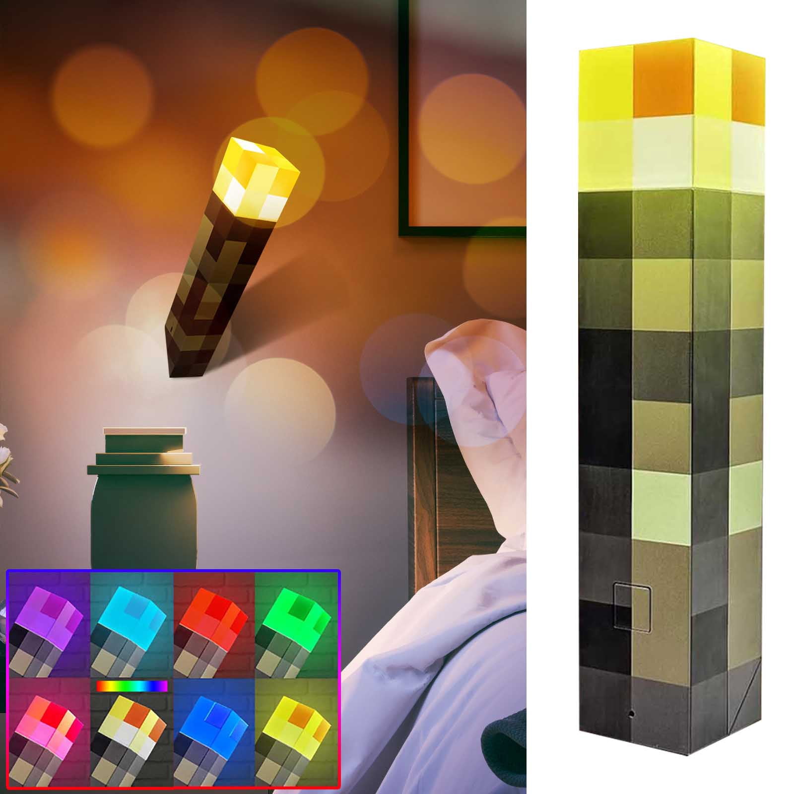 XMMSWDLA 7-Color Pixelated Light-up Wall Torch Lamp-Rechargeable Night Light Lamp,Pixelated-Mountable Table Light,Nightstand,Pixelated Themed Room Decor for Boys' Girl Bedroom Decor (11-Inch, USB )