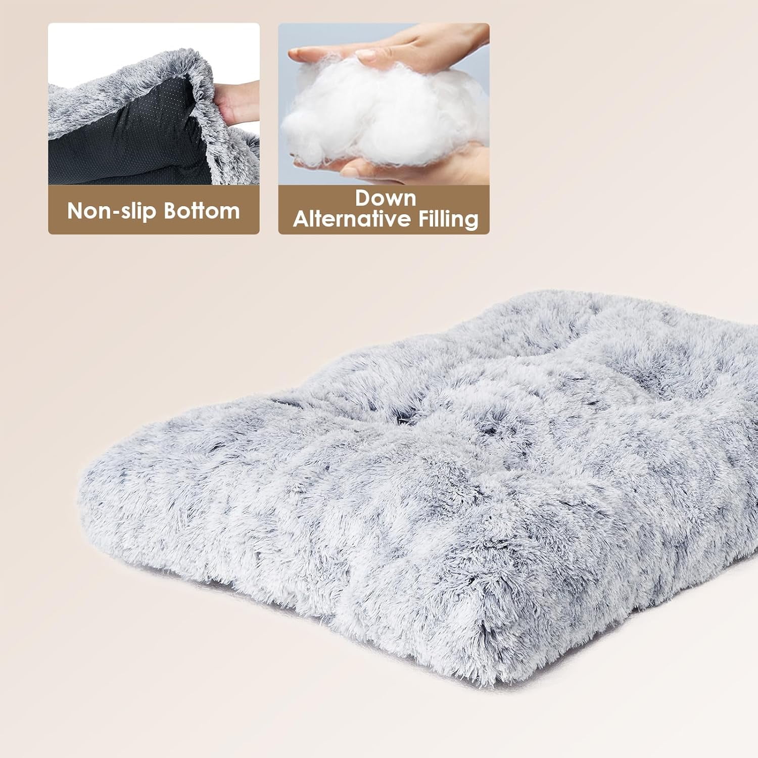 Fluffy Dog Crate Bed for Extra Large Dogs, Plush Faux Fur Pad, Calming Anti Anxiety XL Bed for Crate, Washable Soft Warm Dog Mat with Non-Slip Bottom, Grey