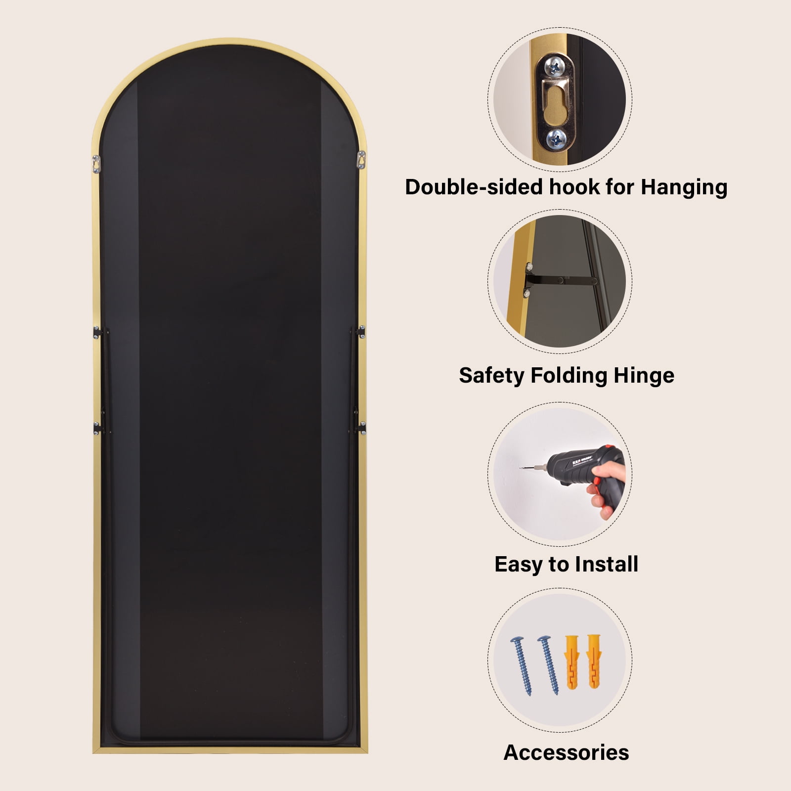 SEETHRUGLIMMER 71"x26.2" Arched Full Length Mirror Wall-Mounted Floor Mirror with Stand, Gold