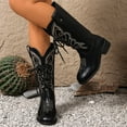 thumbnail image 2 of Wide Mid Calf Cowboy Combat Boots for Women 2025 Vintage Leather Lace up Pointed Toe Low Heel Cowgirl Riding Tall Boots Black Size 6.5, 2 of 7