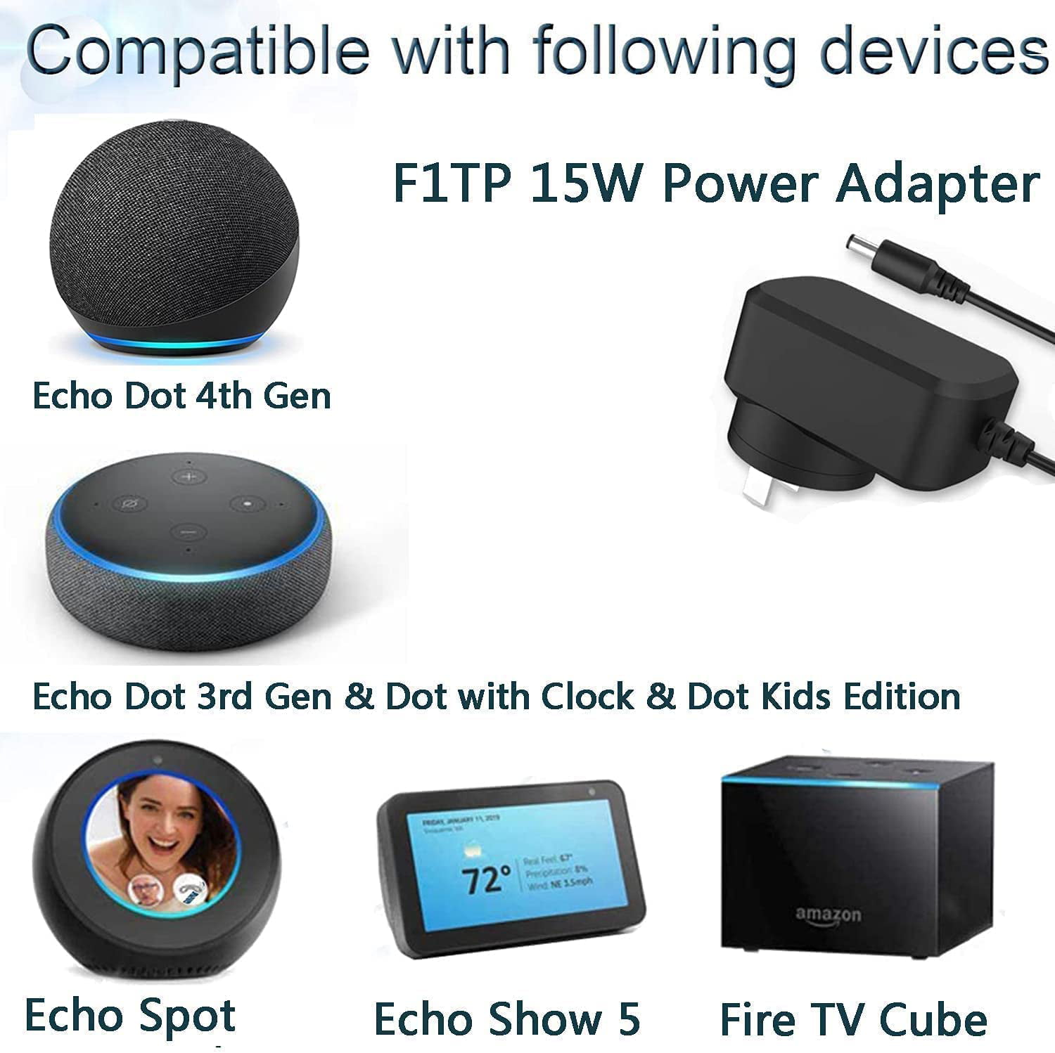 LotFancy Power Adapter for Echo Dot 3rd and 4th Gen, Dot with Clock, Echo  Show 5, Fire TV Cube, Alexa Spot, 12V 