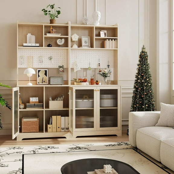 Garvee 71" Kitchen Pantry Cabinet, Wooden Tall Sideboard Buffet Cabinet with Microwave Stand, Pegboard and Hutch, Pantry Storage Organizers Coffee Bar for Dining Room or Living Room, Oak