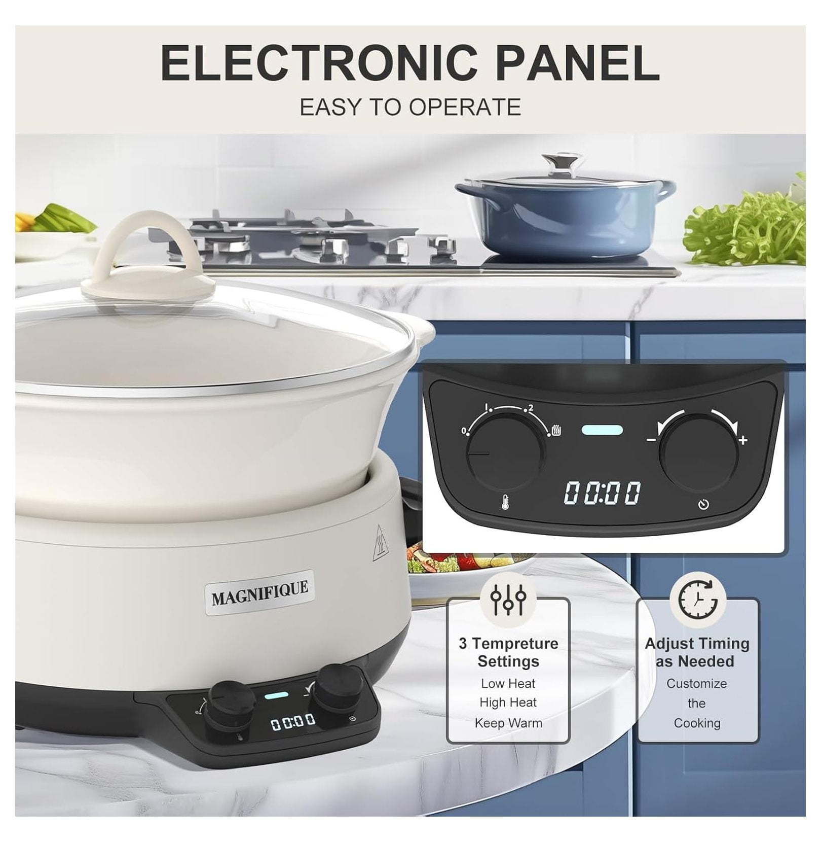 MAGNIFIQUE Small 5 Quart Round Casserole Programmable Slow Cooker with Glazed Ceramic Liner, Food Warmer Perfect Kitchen Small Appliance for Family Dinners, White