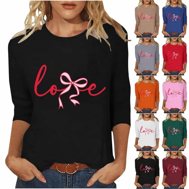 RKSTN Valentines Gift 3/4 Length Sleeve Womens Tops Oversized Crewneck Valentine Day Loves Heart Graphic Print Short Sleeve T Shirt Womens Casual Plus Size Round Neck Three Quarter Sleeve Tee Shirt