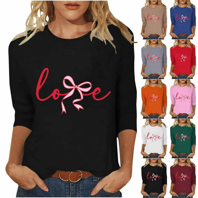 RKSTN Valentines Gift 3/4 Length Sleeve Womens Tops Oversized Crewneck Valentine Day Loves Heart Graphic Print Short Sleeve T Shirt Womens Casual Plus Size Round Neck Three Quarter Sleeve Tee Shirt
