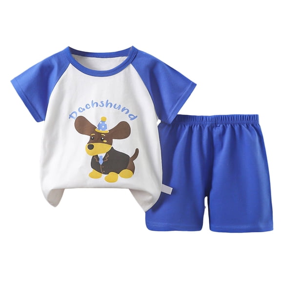 Ulanda Toddler Boy Summer Outfit Set 2026 2 Piece Short Sleeve T Shirt Top Shorts Sets Cartoon Printed Crewneck Comfortable Outfits (Blue, 7-8 Years)