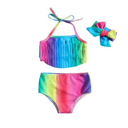 XJZMD Toddler Summer Girls Bowknot Rainbow Printed Halter Straps Two Piece Swimwear Swimsuit Bikini With Headbands 3 Years-4 Years