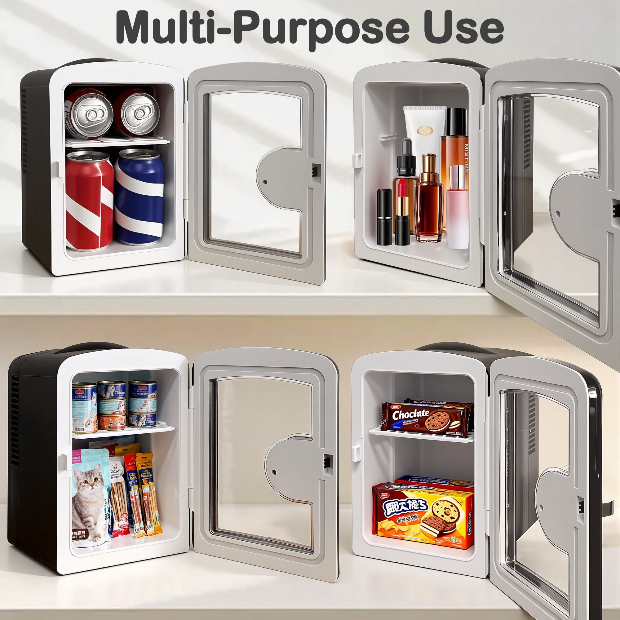 4L/6Can Mini Fridge，Portable Skincare Refrigerator with Transparent Window and Chrome Handle