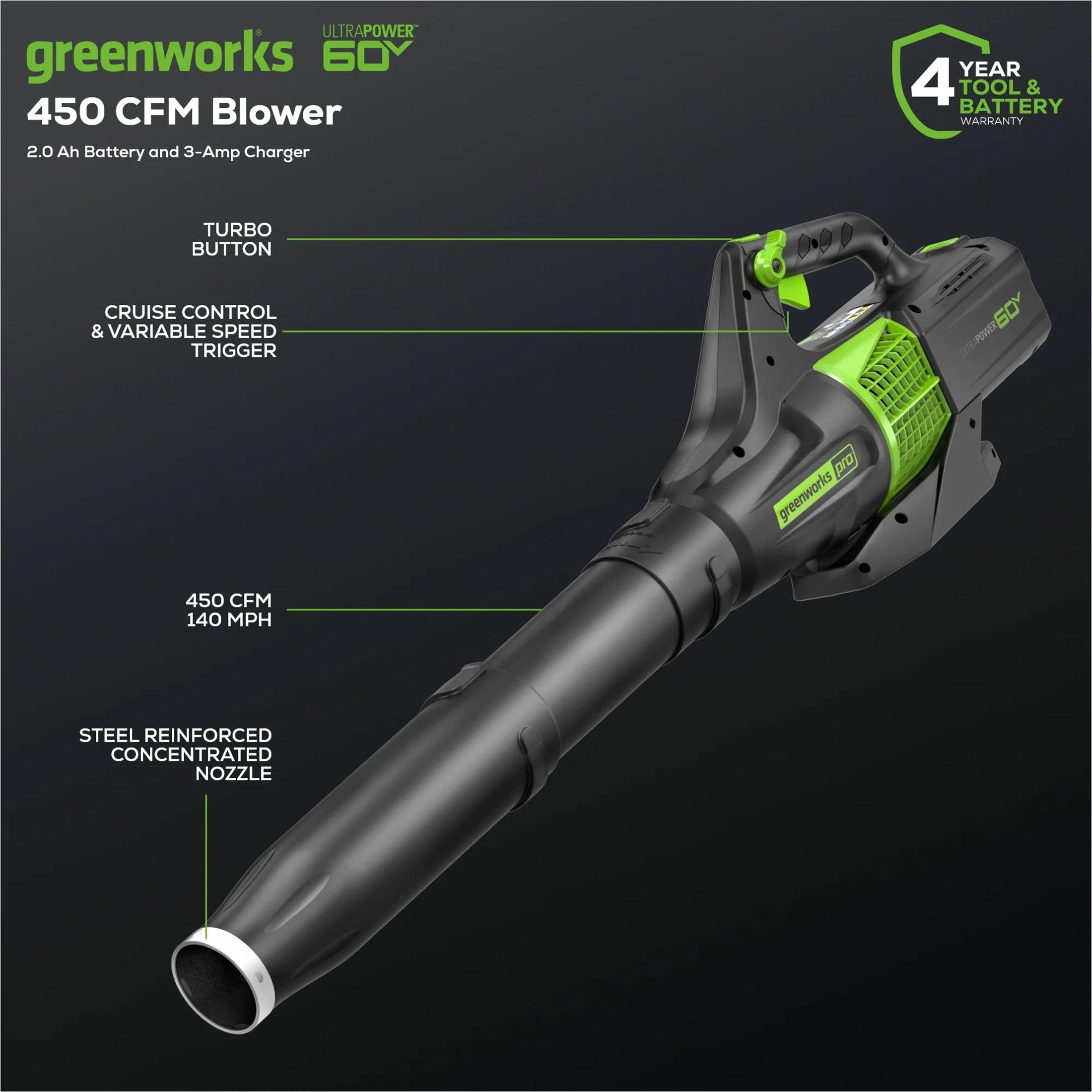 Greenworks 60V 450 CFM at 125 Mph Cordless Leaf Blower with 2.0Ah Battery & Charger 2414402