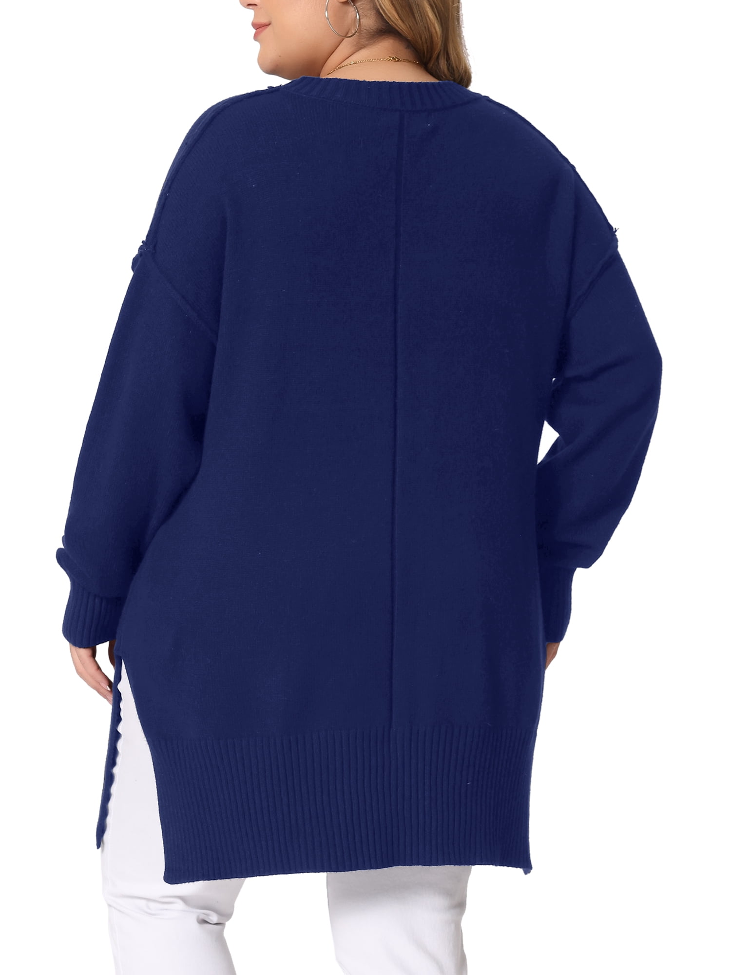 DARING DIVA Women's Plus Crew Neck Long Sleeve Slit Hem Pullover Sweater 3X Blue