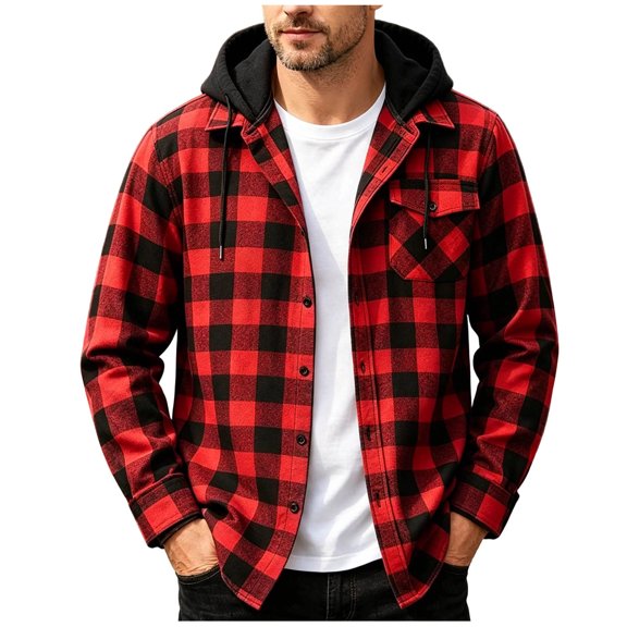 FchengtaiS Men's Button Down Shacket Long Sleeve Plaid Shirts Jacket Fall Casual Loose Hoodies