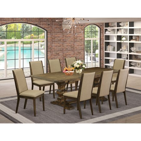 HomeStock Boldly Bohemian 9-Piece Modern Dining Table Set With ChairS And Dark Khaki Linen Fabric Dining Chairs Set Of Eight And Attractive Dining Table - Distressed Jacobean Finish