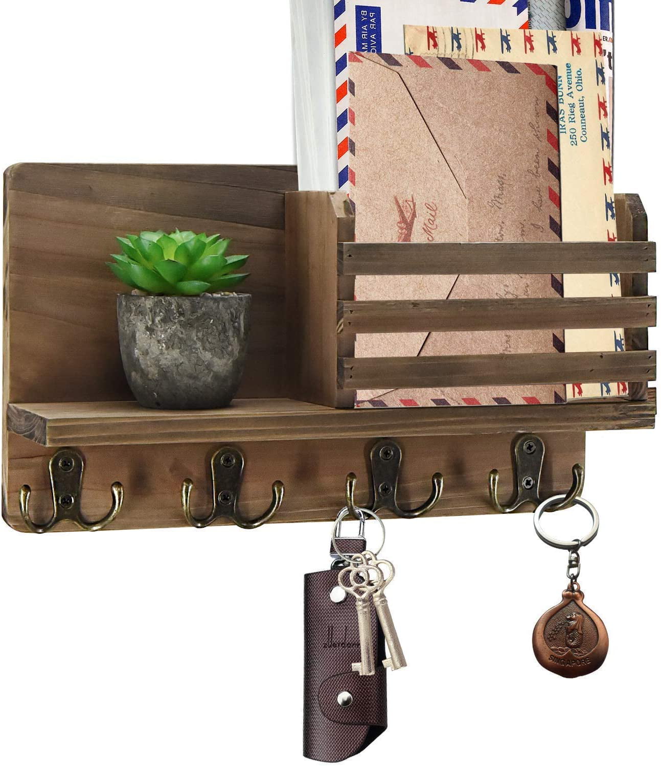 Mail Holder Organizer Wall Mounted Rustic Wood Mail Sorter with Key 8 Hooks 