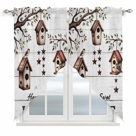 Sweet Home Swag Curtains for Kitchen/Bedroom/Living Room, Western Stars Bird Houses White Wood Plank Scalloped Curtains 63 Inch Long, Window Swag Topper Curtains Valances 2 Panels Set 36"x63"