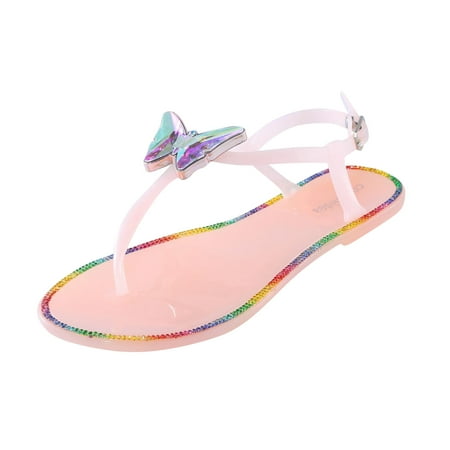 

OAVQHLG3B Women s Butterfly Rhinestone Flat Sandals Crystal Flip Flop Casual Summer Beach Ankle T-Strap Buckle Jeweled Wedding Sandals