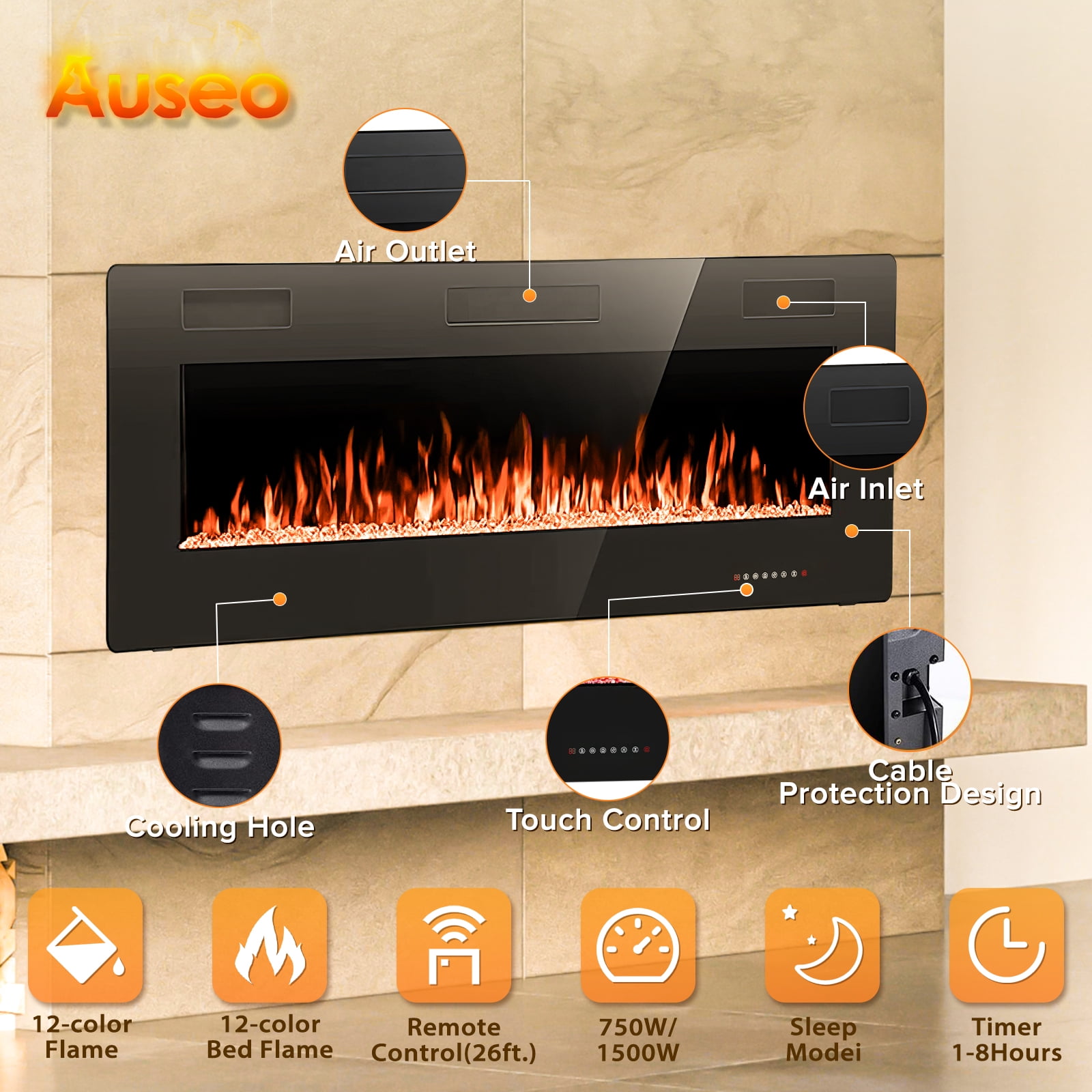Auseo 42 inch Embedded Wall Mounted Indoor Electric Fireplace, Ultra-thin Low Noise Lightweight LED Fireplace Heater, Touch Screen, Timer, 1500W, Adjustable Flame Color and Speed, Black