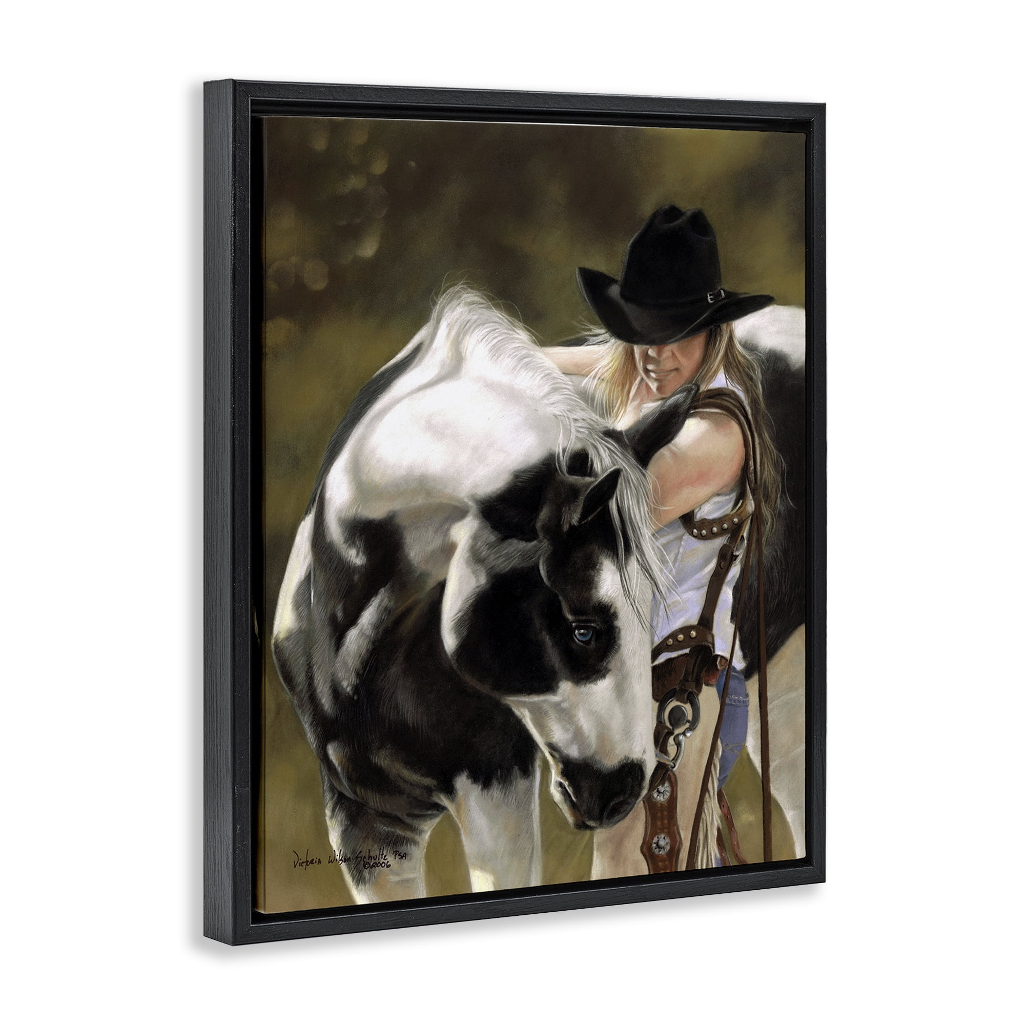 Stupell Industries Cowgirl & Spotted Horse Animals & Insects Painting Black Floater Framed Canvas Art Print Wall Art, 25 x 31