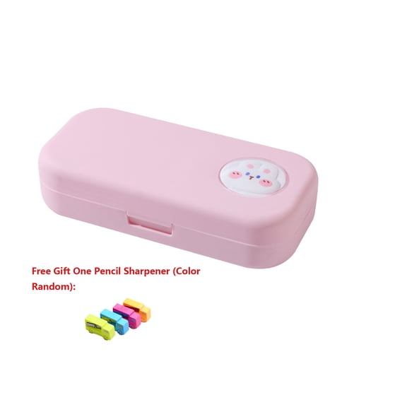 Double-layer Large Capacity Plastic Pencil Case,Cute Cartoon Stationery Organizer with Snap Closure,Multifunctional Pen Storage Box for Office Home Use, Comes with Random Color Pencil Sharpener,Pink