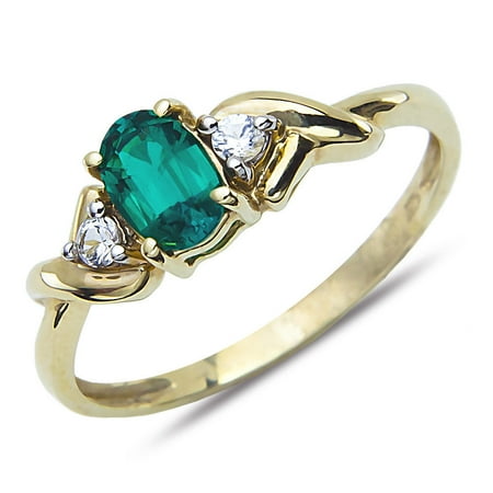 Yellow Gold Chatham Emerald Ring - Beautiful Created Emerald and White Topaz Fashion Ring 10k Yellow Gold for Women