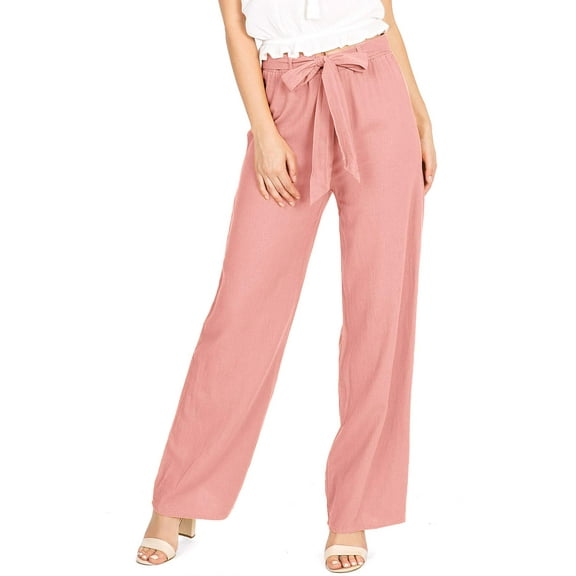 Ambiance Apparel Women's Juniors Wide Leg Spring Linen Pants (L, Rose)
