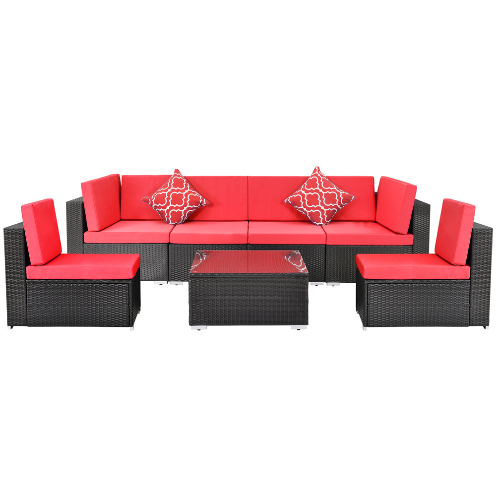 Patio Furniture Sofa Set, 7 Piece Outdoor Conversation Sets with 6 Rattan Wicker Chairs, Glass Coffee Table, All-Weather Patio Sectional Sofa Set with Red Cushions for Backyard, Garden, LLL1511 - image 2 of 8