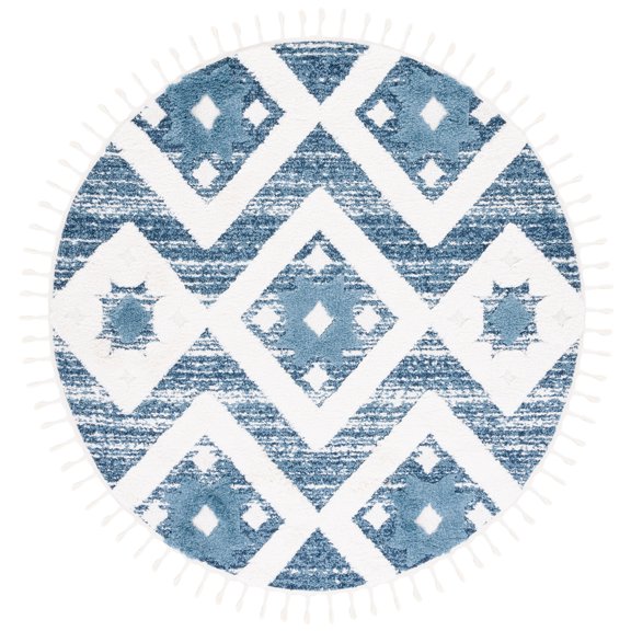 SAFAVIEH Moroccan Tassel Dawson Geometric Shag Area Rug, Blue/Ivory, 6'7" x 6'7" Round