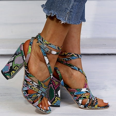 

Bescita Womens Sandals Clearance Fashion Summer Cross with Snake Pattern Thick Heel High Heel Ladies Sandals Rollback Multicolor 9