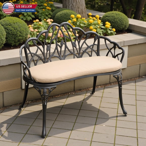 Hassch 38.9" Cast Aluminum Garden Bench with Cushion, Ornate Tulip Backrest - Rust-Resistant Black Finish, Weatherproof Outdoor Bench for Patio, Yard or Garden