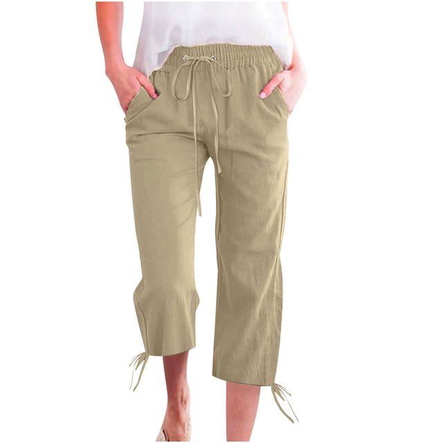 FAIWAD Cotton Linen Capris for Women Drawstring Hight Waist Beach Cropped Pants with Pockets