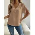 thumbnail image 3 of Tops de manga corta con volantes para mujer Camisa de manga corta con cuello en V profundo de encaje informal de moda para ir de compras al trabajo diario Albaricoque XL, 3 of 7