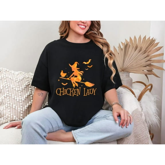 Crazy Chicken Lady Funny Halloween Costume Cartoon Humor Graphic Unisex T-Shirt, for men & women, up to size 5XL.