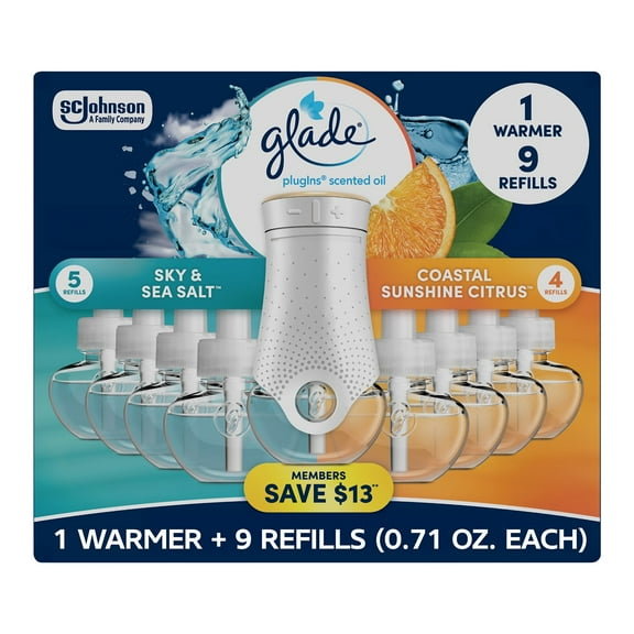 Glade PlugIns Scented Oil, Sky & Sea Salt with Coastal Sunshine Citrus, 1 Warmer + 9 Refills