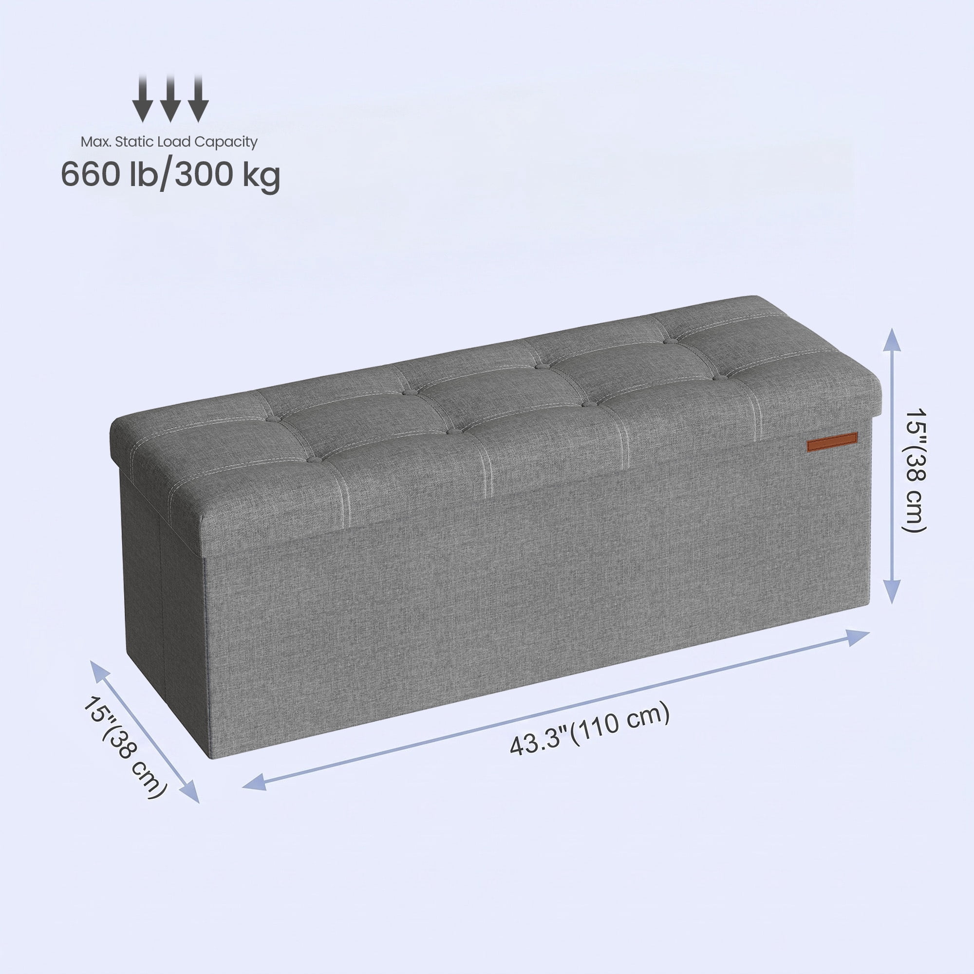 Ledrem 43" Foldable Storage Ottoman Bench, Multi-Functional Seating, Light Gray